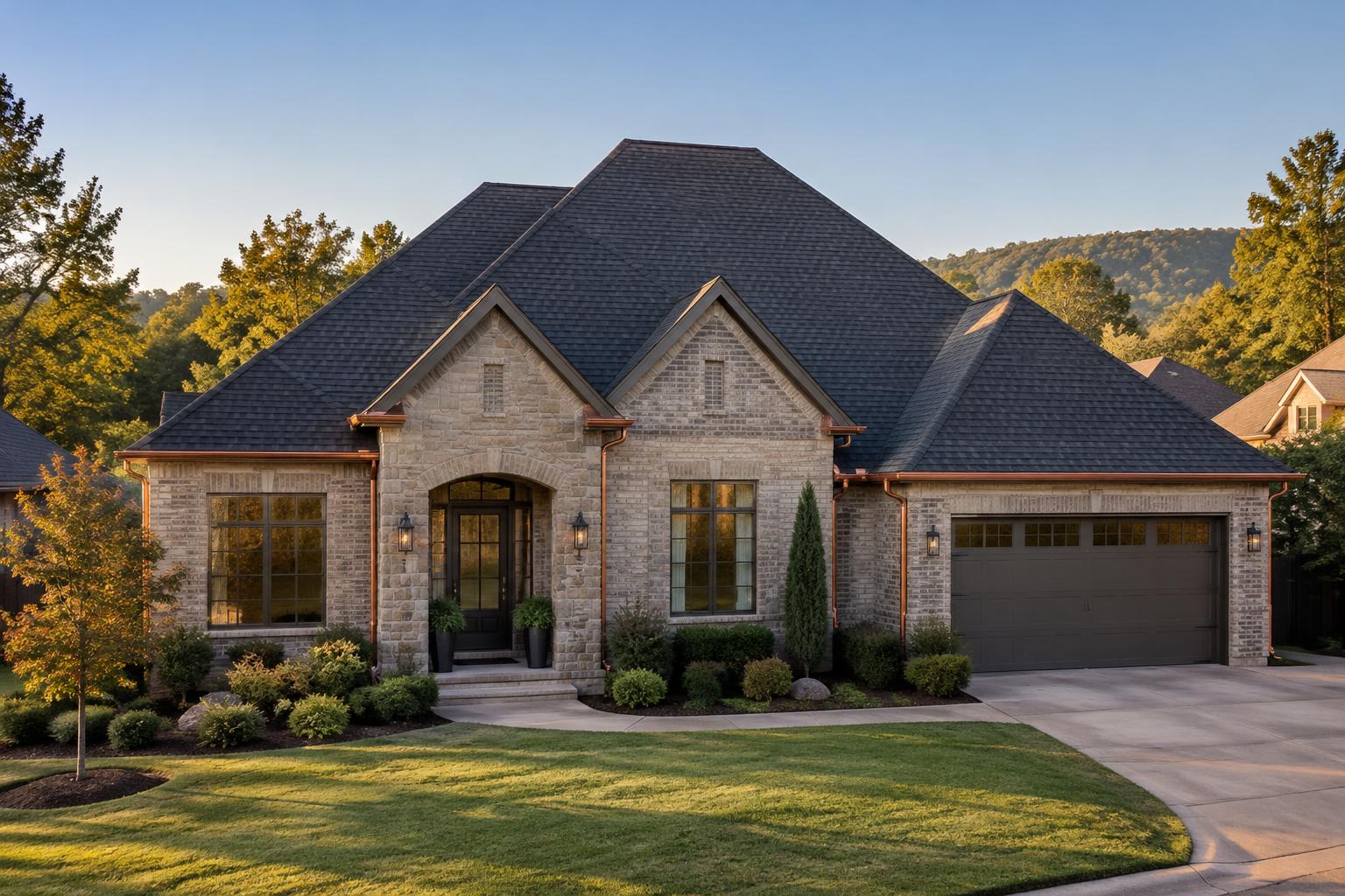 Suburban home with a new charcoal shingle roof and copper gutters