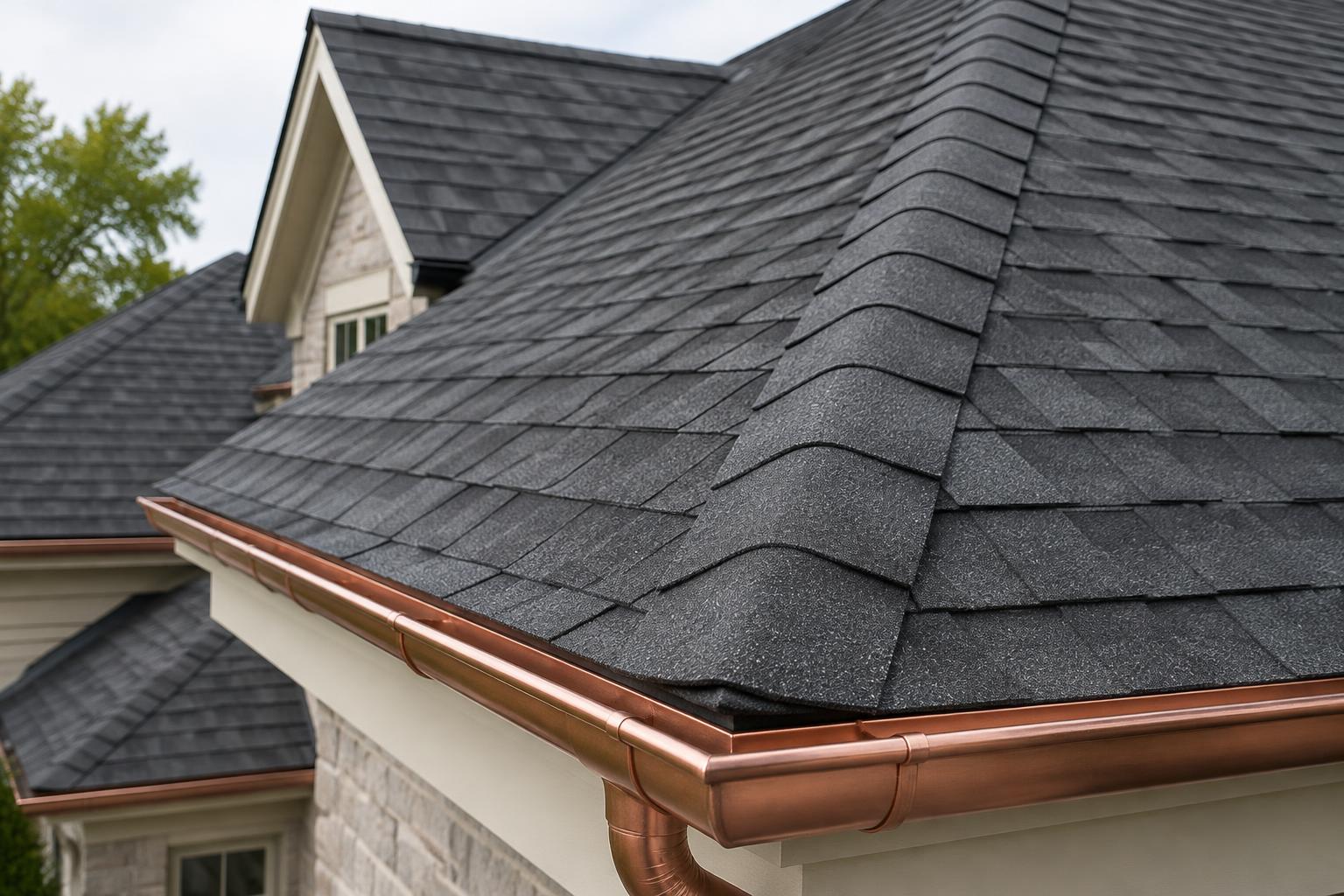 Close-up of a new charcoal shingle roof with copper gutters